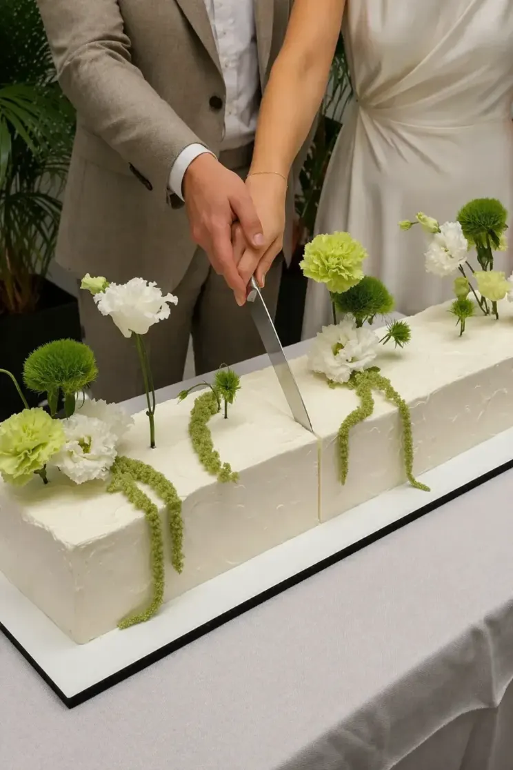 Pareja cortando su tarta de boda de diseño de formato alargado, decorada con claveles y lisianthus en tonos verde y blanco, elaborada artesanalmente por Magda Sweet Cakes en Granada.