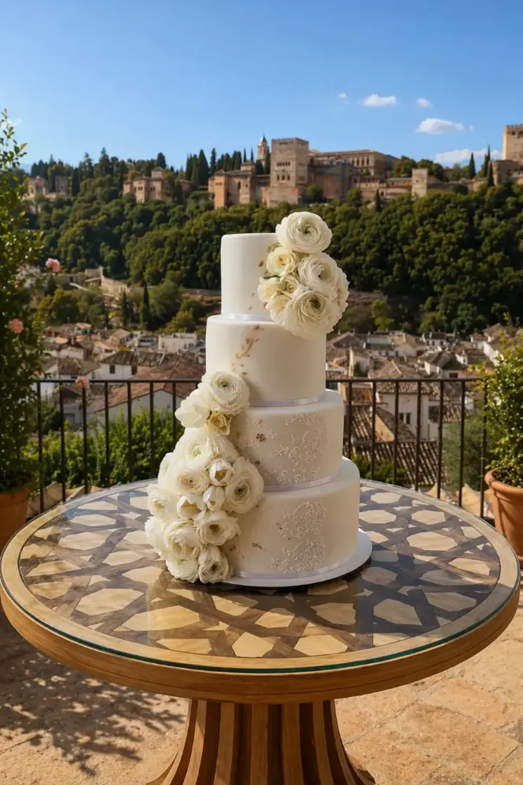 Tarta de boda artesanal de cuatro pisos con flores blancas sobre mesa redonda de madera con diseño geométrico, situada en una terraza con vistas a la Alhambra de Granada.
